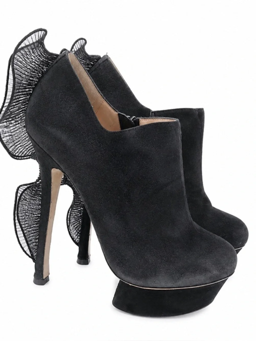 Nicholas Kirkwood Black Suede Ruffle Heel Platform Booties Size 38 With Dustbag